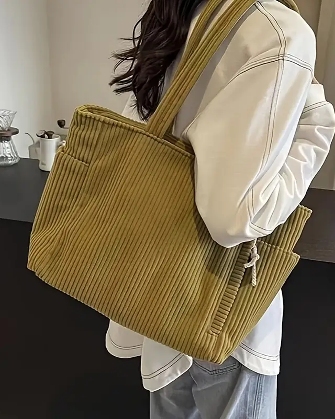 Tessie | Ribbed Tote Bag With Drawstring Detail